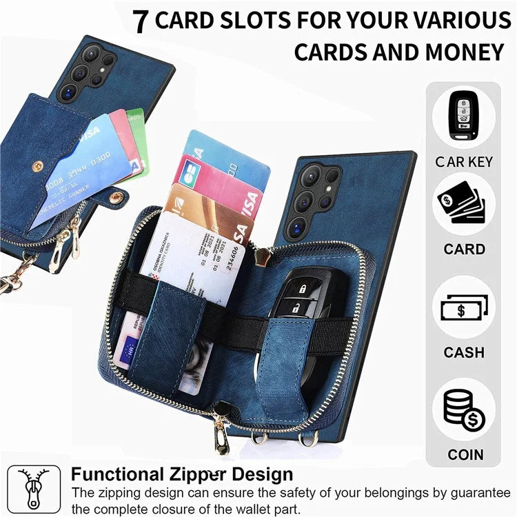Crossbody Zipper Wallet Case for Samsung Galaxy S24 Ultra Kickstand Phone Cover with 7 Card Holder