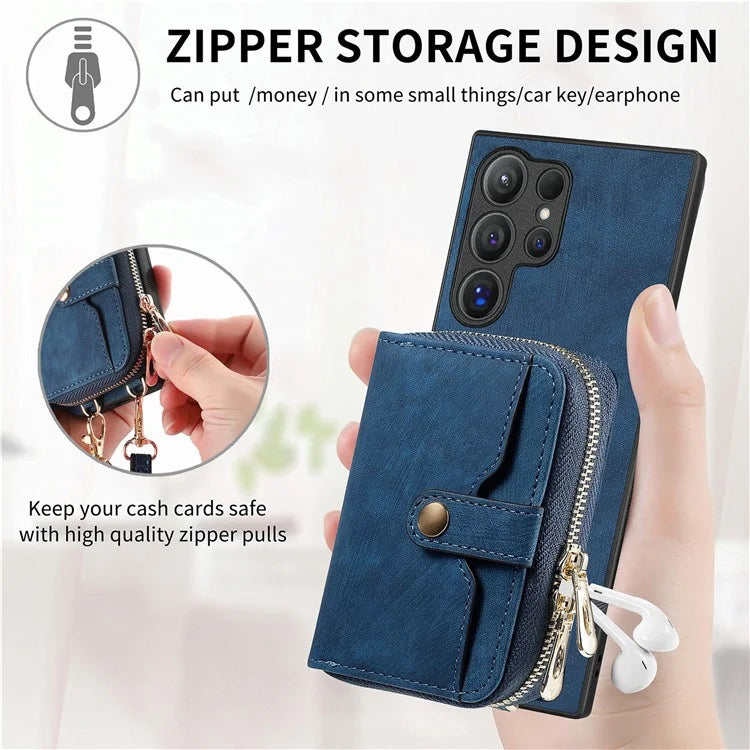 Crossbody Zipper Wallet Case for Samsung Galaxy S24 Ultra Kickstand Phone Cover with 7 Card Holder