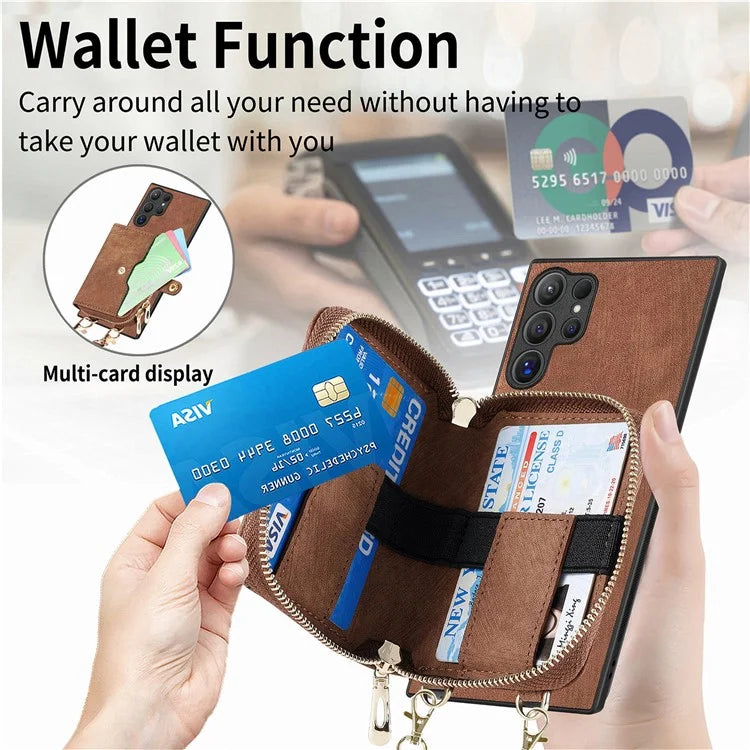 Crossbody Zipper Wallet Case for Samsung Galaxy S24 Ultra Kickstand Phone Cover with 7 Card Holder