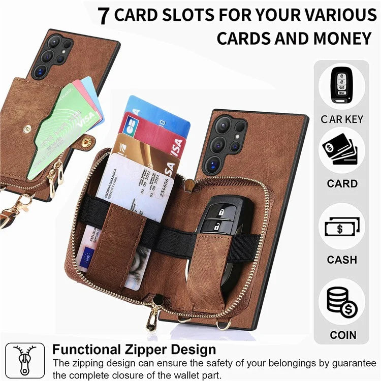 Crossbody Zipper Wallet Case for Samsung Galaxy S24 Ultra Kickstand Phone Cover with 7 Card Holder