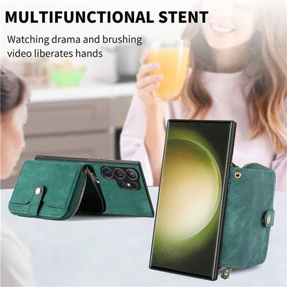 Crossbody Zipper Wallet Case for Samsung Galaxy S24 Ultra Kickstand Phone Cover with 7 Card Holder