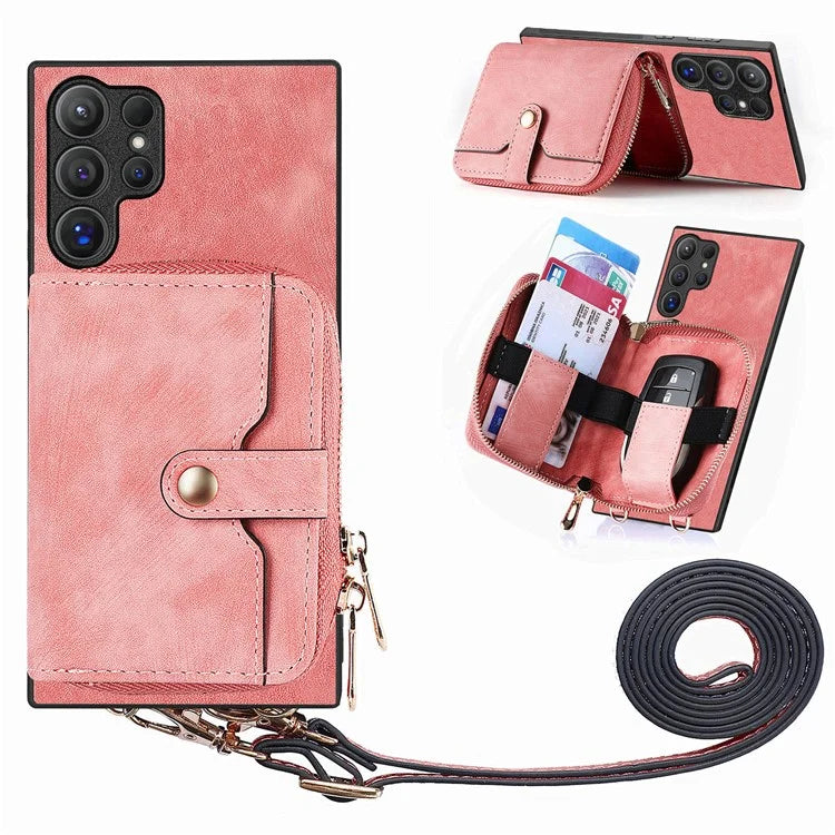 Crossbody Zipper Wallet Case for Samsung Galaxy S24 Ultra Kickstand Phone Cover with 7 Card Holder