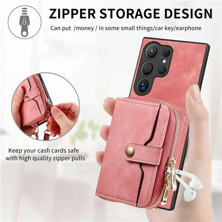 Crossbody Zipper Wallet Case for Samsung Galaxy S24 Ultra Kickstand Phone Cover with 7 Card Holder