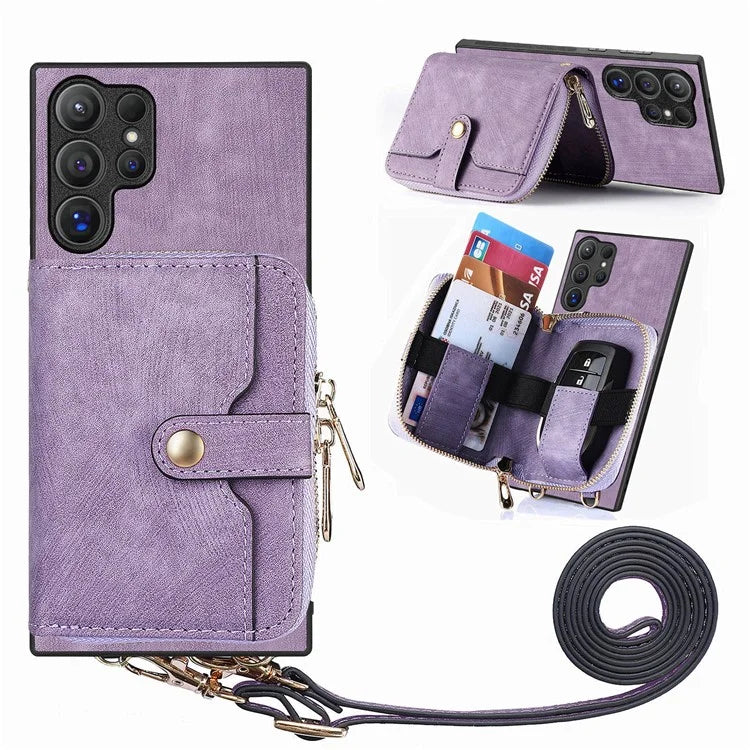 Crossbody Zipper Wallet Case for Samsung Galaxy S24 Ultra Kickstand Phone Cover with 7 Card Holder
