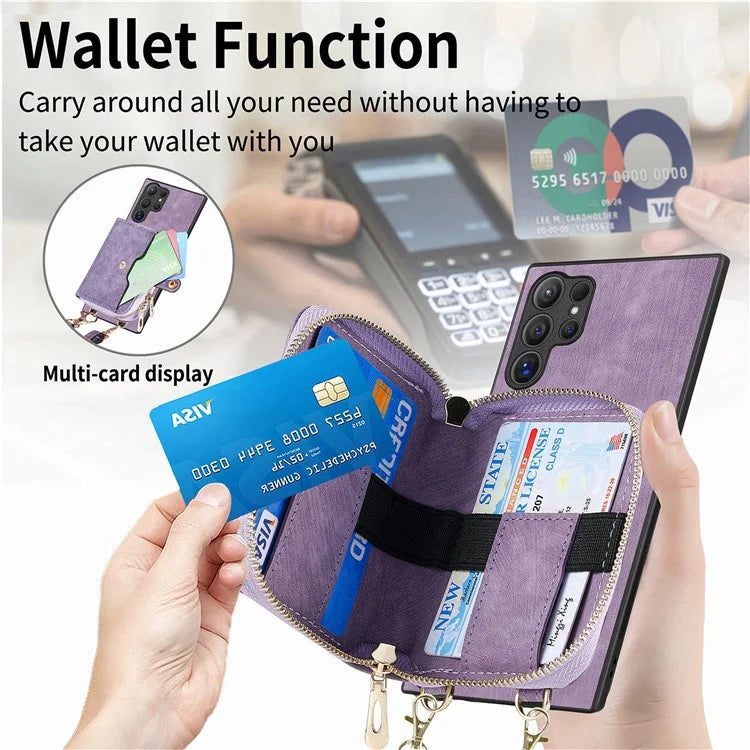 Crossbody Zipper Wallet Case for Samsung Galaxy S24 Ultra Kickstand Phone Cover with 7 Card Holder