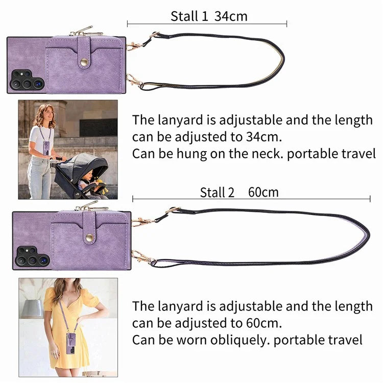 Crossbody Zipper Wallet Case for Samsung Galaxy S24 Ultra Kickstand Phone Cover with 7 Card Holder