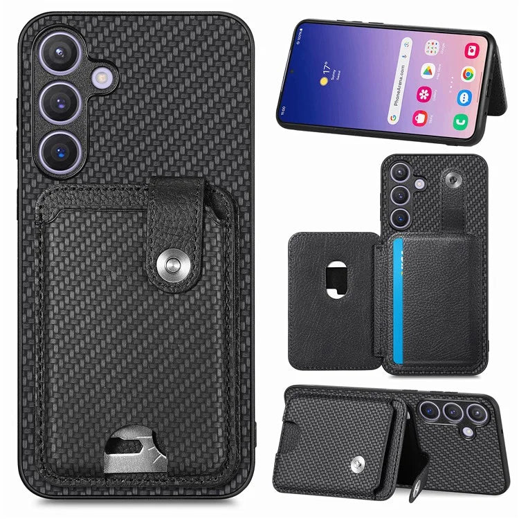 For Samsung Galaxy S24+ Case Carbon Tiber Texture Back Cover with Card Bag Multi-functional Tool