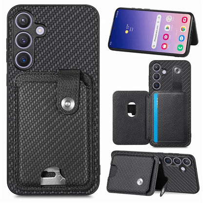 For Samsung Galaxy S24+ Case Carbon Tiber Texture Back Cover with Card Bag Multi-functional Tool