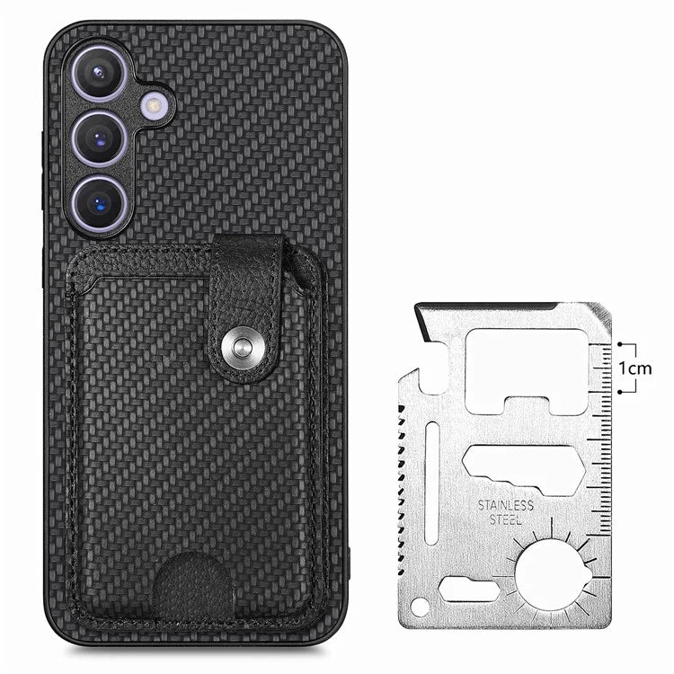 For Samsung Galaxy S24+ Case Carbon Tiber Texture Back Cover with Card Bag Multi-functional Tool