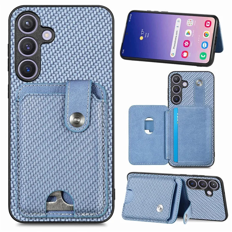 For Samsung Galaxy S24+ Case Carbon Tiber Texture Back Cover with Card Bag Multi-functional Tool