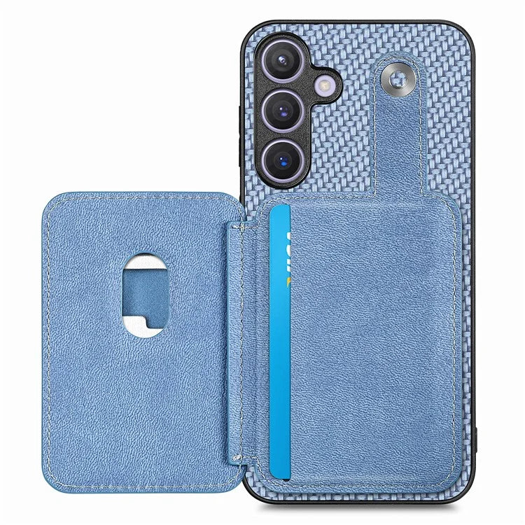 For Samsung Galaxy S24+ Case Carbon Tiber Texture Back Cover with Card Bag Multi-functional Tool