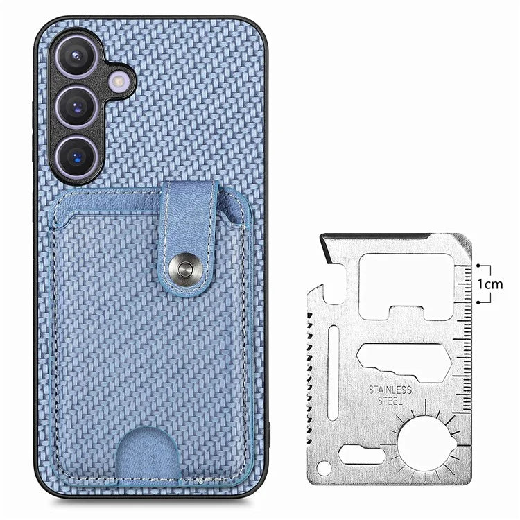 For Samsung Galaxy S24+ Case Carbon Tiber Texture Back Cover with Card Bag Multi-functional Tool