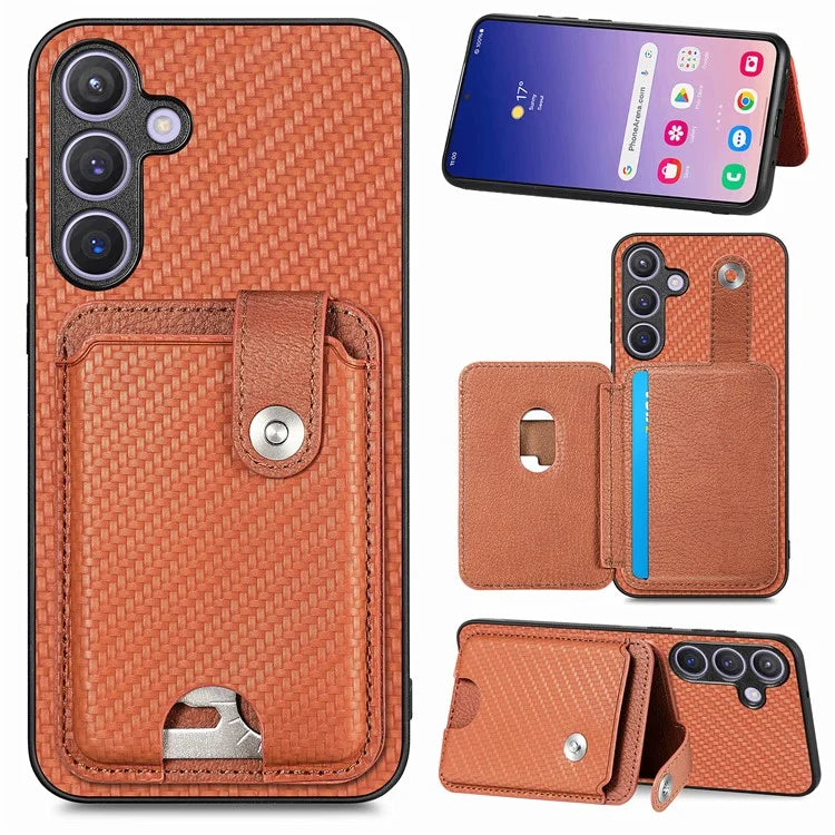 For Samsung Galaxy S24+ Case Carbon Tiber Texture Back Cover with Card Bag Multi-functional Tool