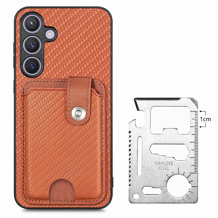 For Samsung Galaxy S24+ Case Carbon Tiber Texture Back Cover with Card Bag Multi-functional Tool