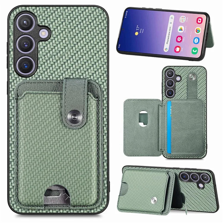For Samsung Galaxy S24+ Case Carbon Tiber Texture Back Cover with Card Bag Multi-functional Tool