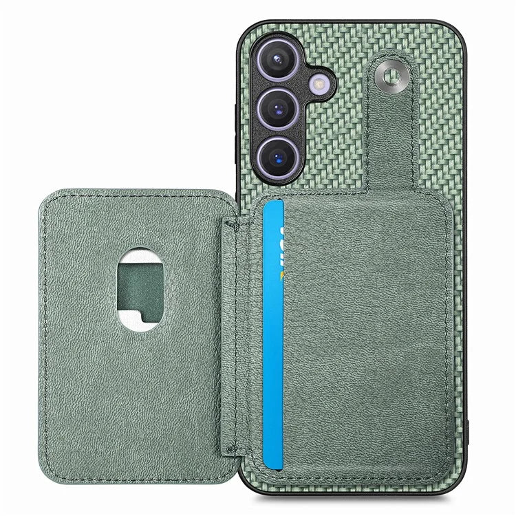 For Samsung Galaxy S24+ Case Carbon Tiber Texture Back Cover with Card Bag Multi-functional Tool