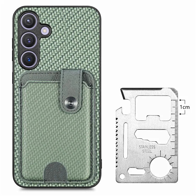 For Samsung Galaxy S24+ Case Carbon Tiber Texture Back Cover with Card Bag Multi-functional Tool