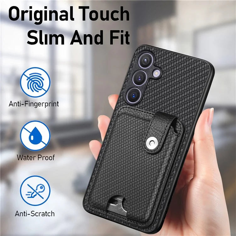 For Samsung Galaxy S24+ Case Carbon Tiber Texture Back Cover with Card Bag Multi-functional Tool