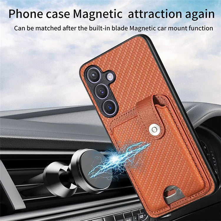 For Samsung Galaxy S24+ Case Carbon Tiber Texture Back Cover with Card Bag Multi-functional Tool