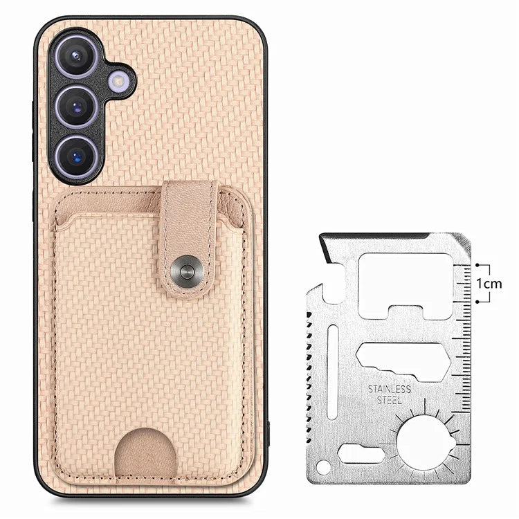 For Samsung Galaxy S24+ Case Carbon Tiber Texture Back Cover with Card Bag Multi-functional Tool