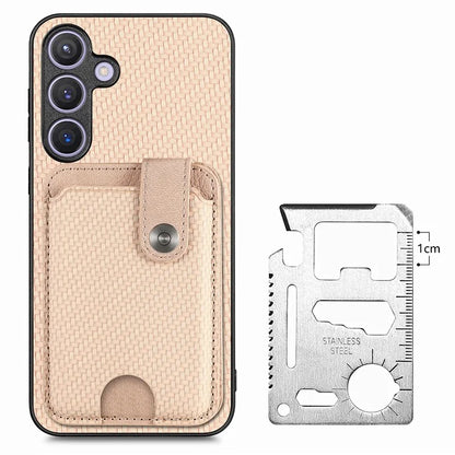 For Samsung Galaxy S24+ Case Carbon Tiber Texture Back Cover with Card Bag Multi-functional Tool