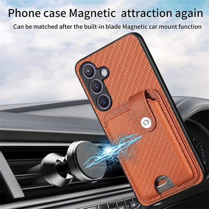 For Samsung Galaxy S24+ Case Carbon Tiber Texture Back Cover with Card Bag Multi-functional Tool