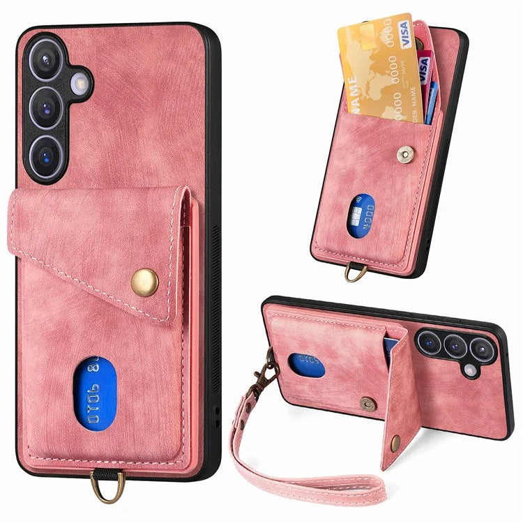 D1 For Samsung Galaxy S24+ Kickstand Case Card Holder Retro Leather Back Cover