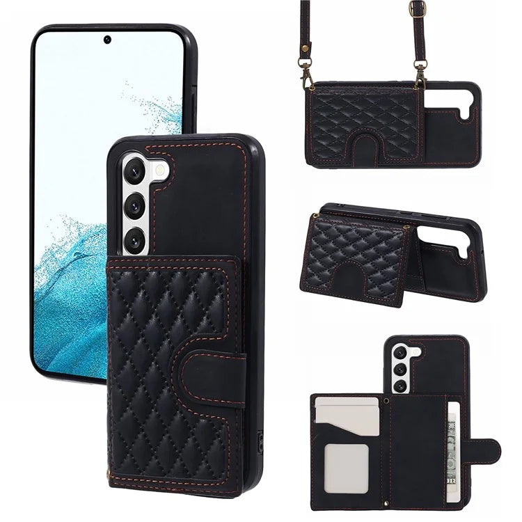 For Samsung Galaxy S22 5G Cell Phone Case Leather+TPU Card Bag Anti-drop Cover with Shoulder Strap