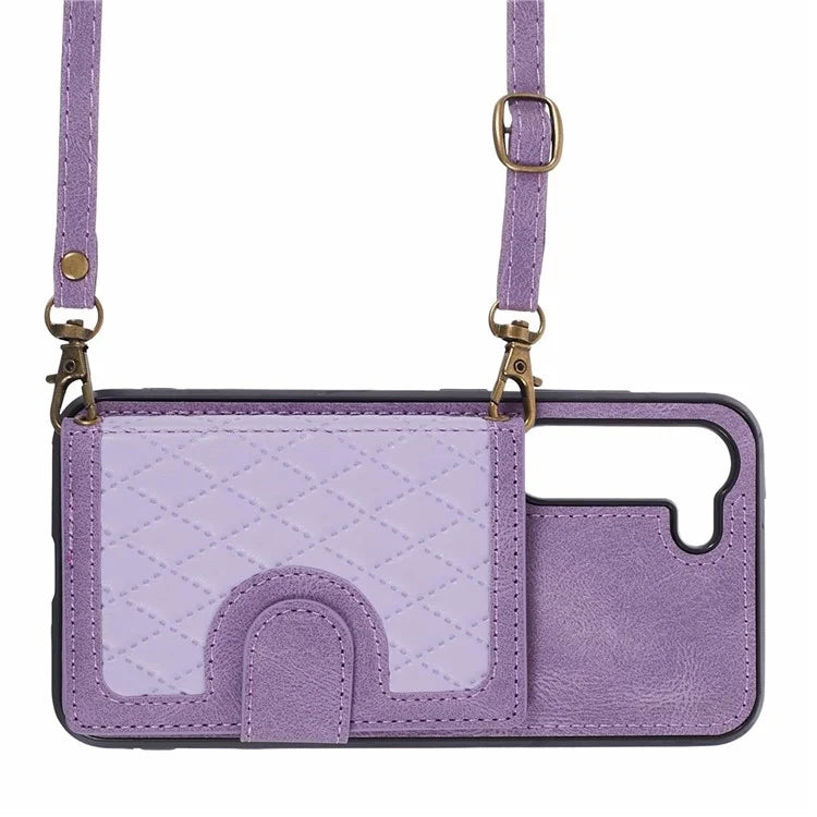 For Samsung Galaxy S22 5G Cell Phone Case Leather+TPU Card Bag Anti-drop Cover with Shoulder Strap