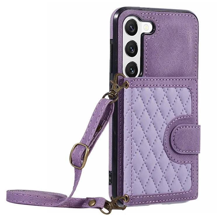 For Samsung Galaxy S22 5G Cell Phone Case Leather+TPU Card Bag Anti-drop Cover with Shoulder Strap