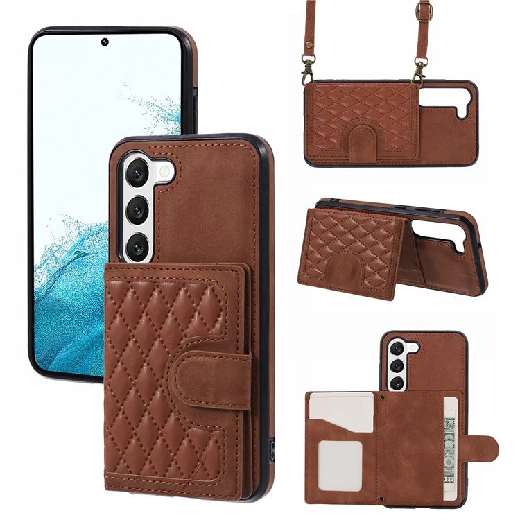 For Samsung Galaxy S22 5G Cell Phone Case Leather+TPU Card Bag Anti-drop Cover with Shoulder Strap