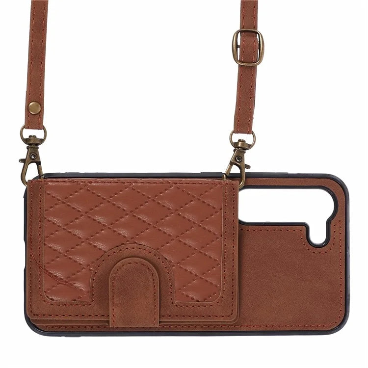 For Samsung Galaxy S22 5G Cell Phone Case Leather+TPU Card Bag Anti-drop Cover with Shoulder Strap
