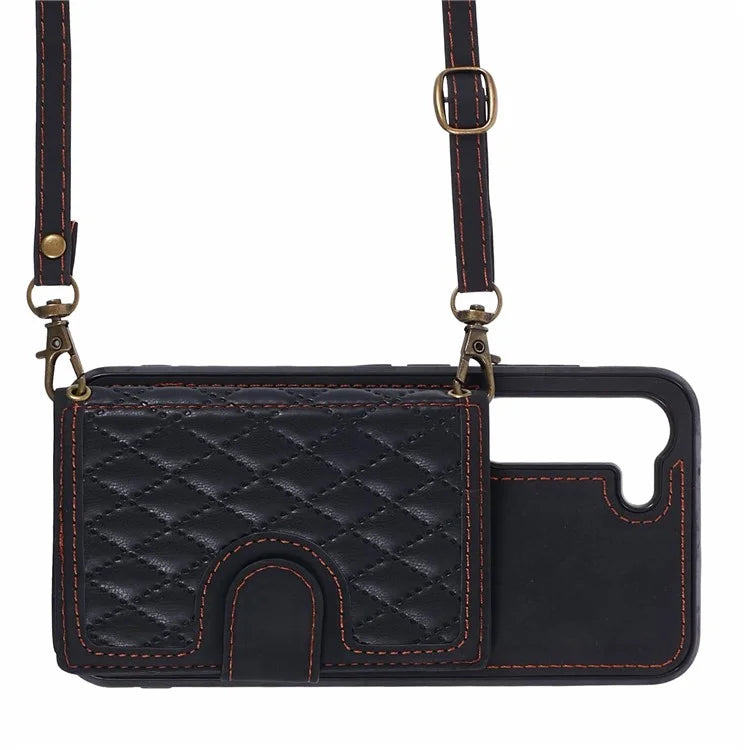 For Samsung Galaxy S22+ 5G Cell Phone Case PU Leather+TPU Card Holder Cover with Shoulder Strap