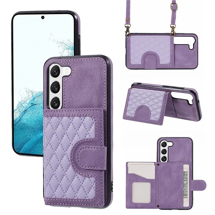 For Samsung Galaxy S22+ 5G Cell Phone Case PU Leather+TPU Card Holder Cover with Shoulder Strap