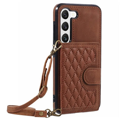 For Samsung Galaxy S22+ 5G Cell Phone Case PU Leather+TPU Card Holder Cover with Shoulder Strap