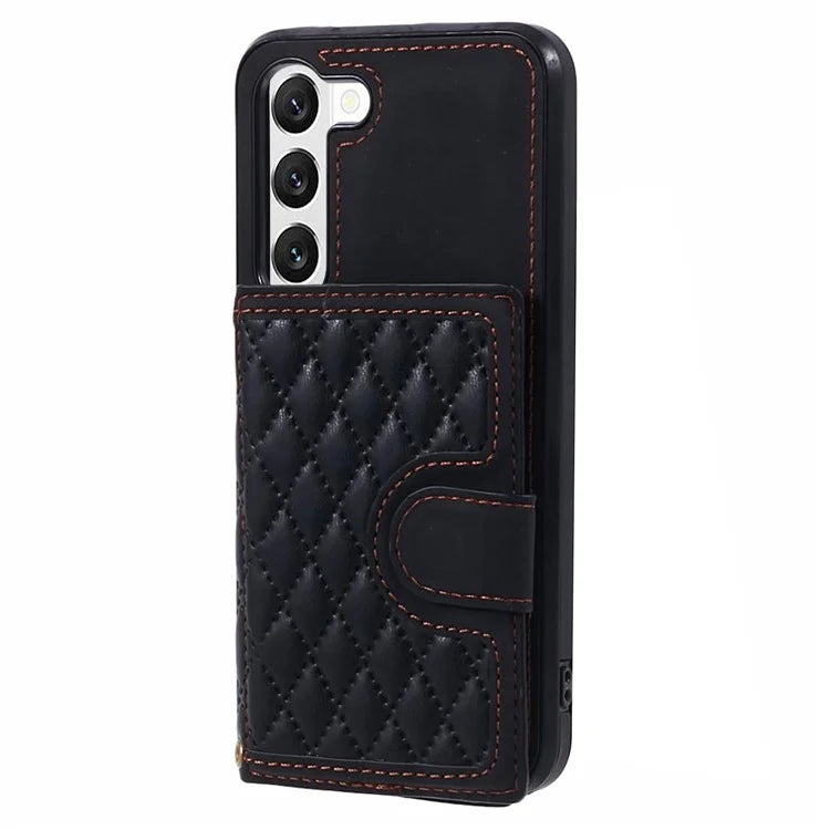 For Samsung Galaxy S21+ 5G Cell Phone Case Leather+TPU Anti-drop Cover with Rhombus Imprinted Card Bag