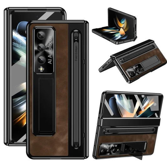 For Samsung Galaxy Z Fold4 5G Retro Phone Case Kickstand Cover with Tempered Glass Film and Stylus Pen