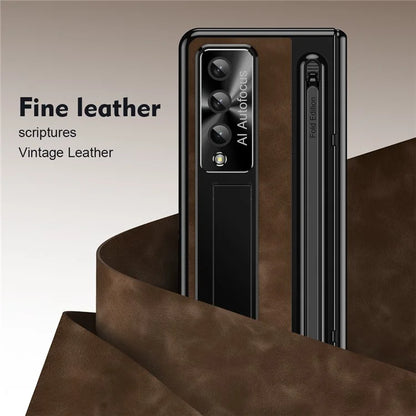 For Samsung Galaxy Z Fold4 5G Retro Phone Case Kickstand Cover with Tempered Glass Film and Stylus Pen