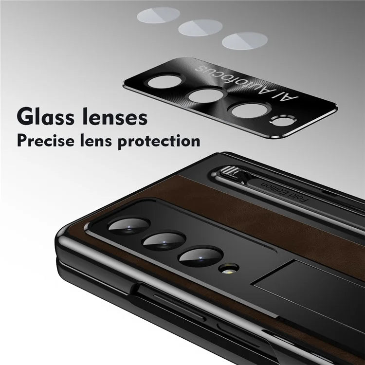 For Samsung Galaxy Z Fold4 5G Retro Phone Case Kickstand Cover with Tempered Glass Film and Stylus Pen