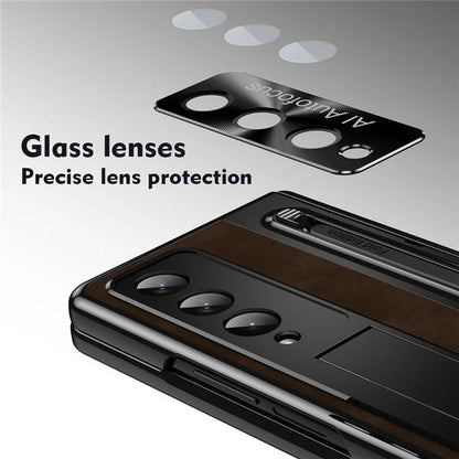 For Samsung Galaxy Z Fold4 5G Retro Phone Case Kickstand Cover with Tempered Glass Film and Stylus Pen