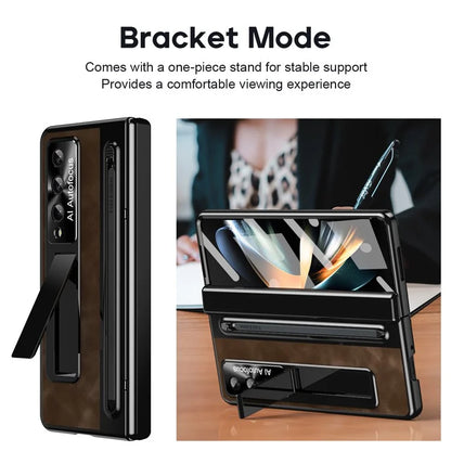 For Samsung Galaxy Z Fold4 5G Retro Phone Case Kickstand Cover with Tempered Glass Film and Stylus Pen