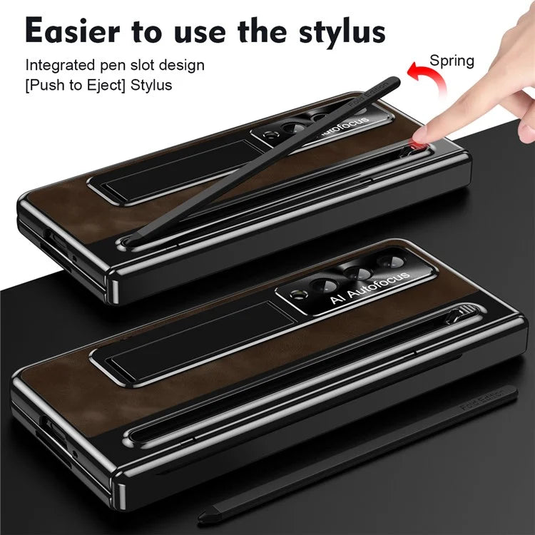 For Samsung Galaxy Z Fold4 5G Retro Phone Case Kickstand Cover with Tempered Glass Film and Stylus Pen