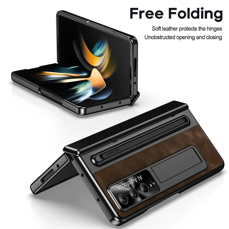 For Samsung Galaxy Z Fold4 5G Retro Phone Case Kickstand Cover with Tempered Glass Film and Stylus Pen