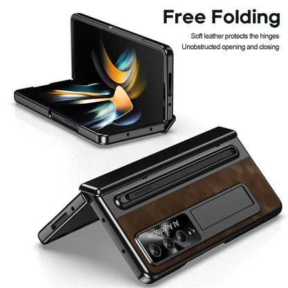 For Samsung Galaxy Z Fold4 5G Retro Phone Case Kickstand Cover with Tempered Glass Film and Stylus Pen