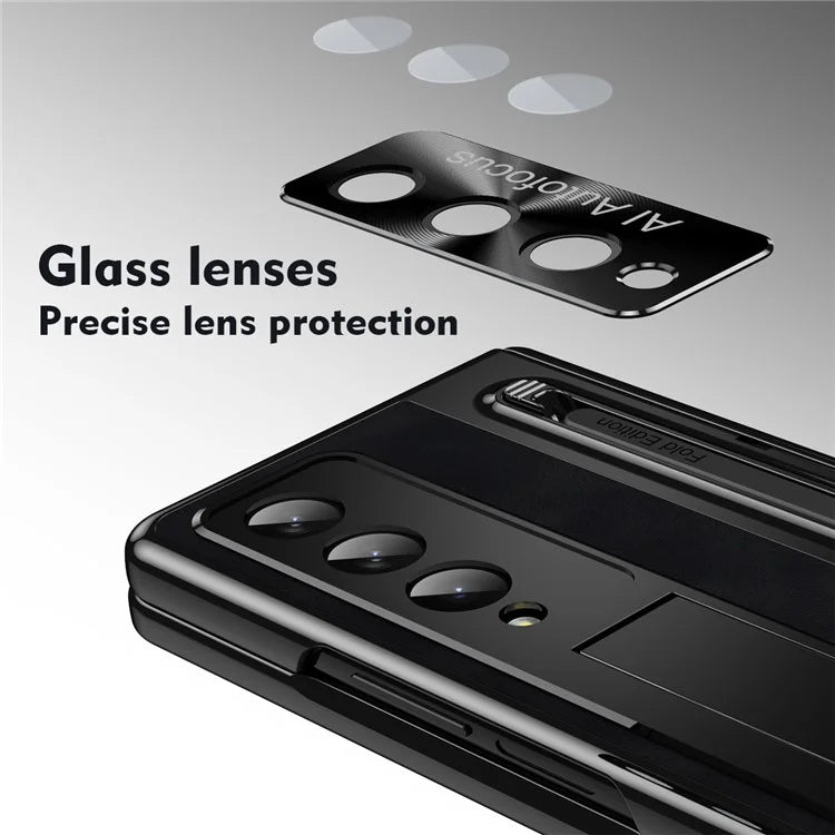 For Samsung Galaxy Z Fold4 5G Retro Phone Case Kickstand Cover with Tempered Glass Film and Stylus Pen