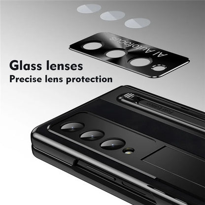 For Samsung Galaxy Z Fold4 5G Retro Phone Case Kickstand Cover with Tempered Glass Film and Stylus Pen