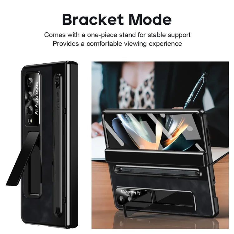 For Samsung Galaxy Z Fold4 5G Retro Phone Case Kickstand Cover with Tempered Glass Film and Stylus Pen