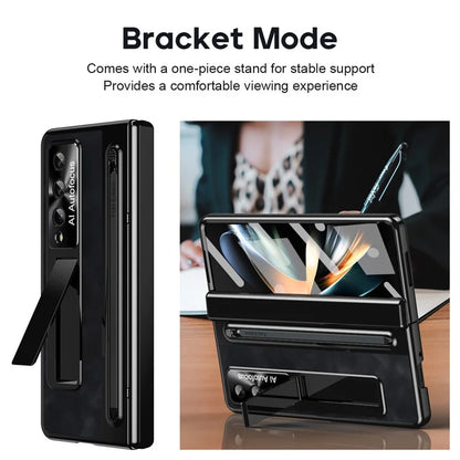 For Samsung Galaxy Z Fold4 5G Retro Phone Case Kickstand Cover with Tempered Glass Film and Stylus Pen