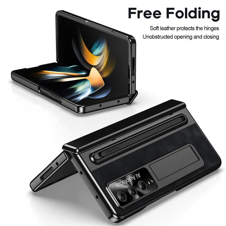 For Samsung Galaxy Z Fold4 5G Retro Phone Case Kickstand Cover with Tempered Glass Film and Stylus Pen