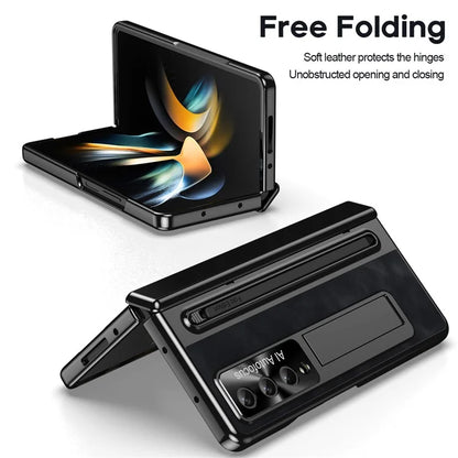 For Samsung Galaxy Z Fold4 5G Retro Phone Case Kickstand Cover with Tempered Glass Film and Stylus Pen
